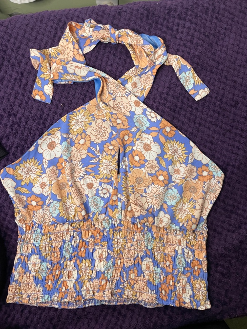 Sienna Sky Floral Halter Tank Top in Blue, Orange, Cream